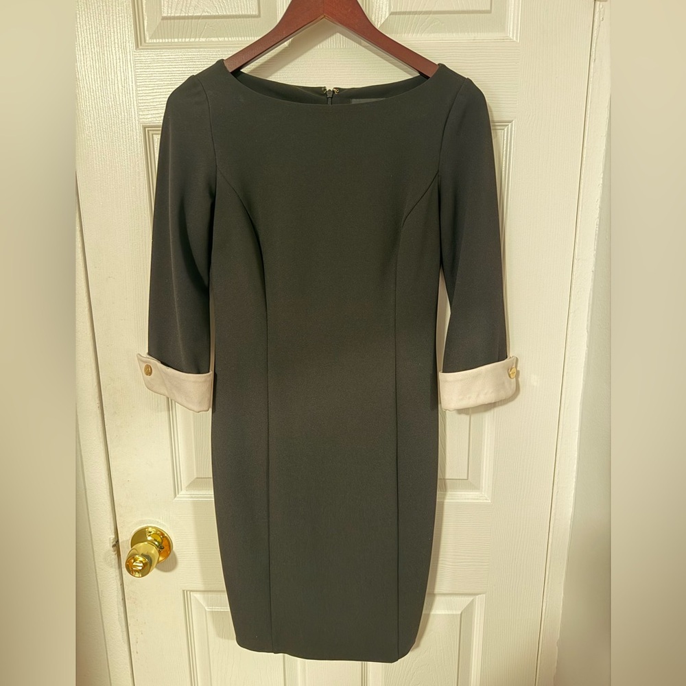 DKNY Black Midi Dress with White Turnback Cuffs
